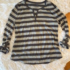 Faded Glory and Charcoal & Heather Gray stripe roll-tab sleeve Split neck top- L